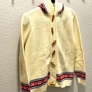 Vintage cream hooded sweater w red & blue detail womens medium ☀️✨🌻